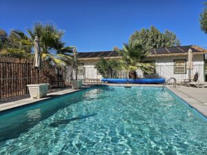 Shot of the pool with a clear blue sky